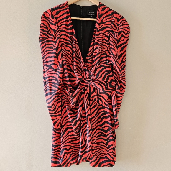 Bardot Red Animal Print VNeckline Long Sleeve Wrap Style Mini Dress Size US 6. - Picture 7 of 16